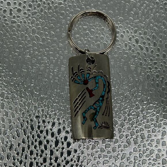 Navajo Sterling Tone And Turquoise Inlay KeyRing Tribal Dancer Key Chain Signed - Picture 2 of 7